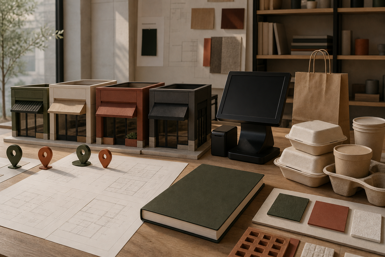 People-free editorial franchise rollout desk with store models, floor plans, and packaging samples