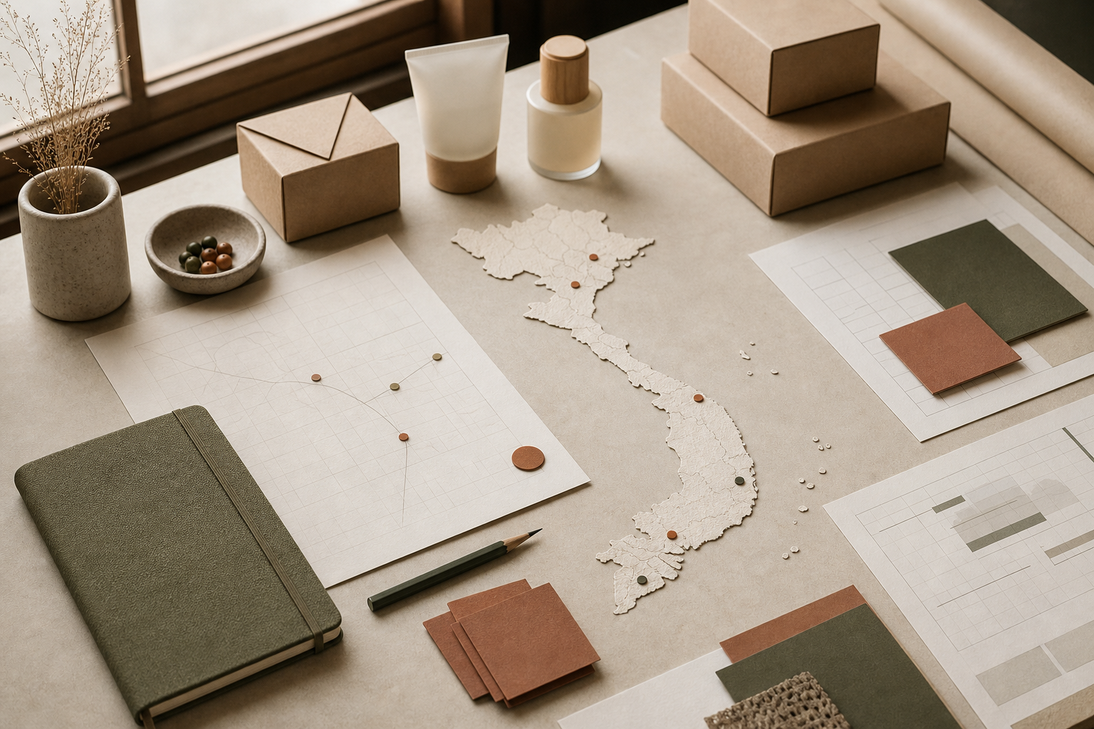 People-free editorial market-entry table with a Vietnam map, launch documents, and product samples