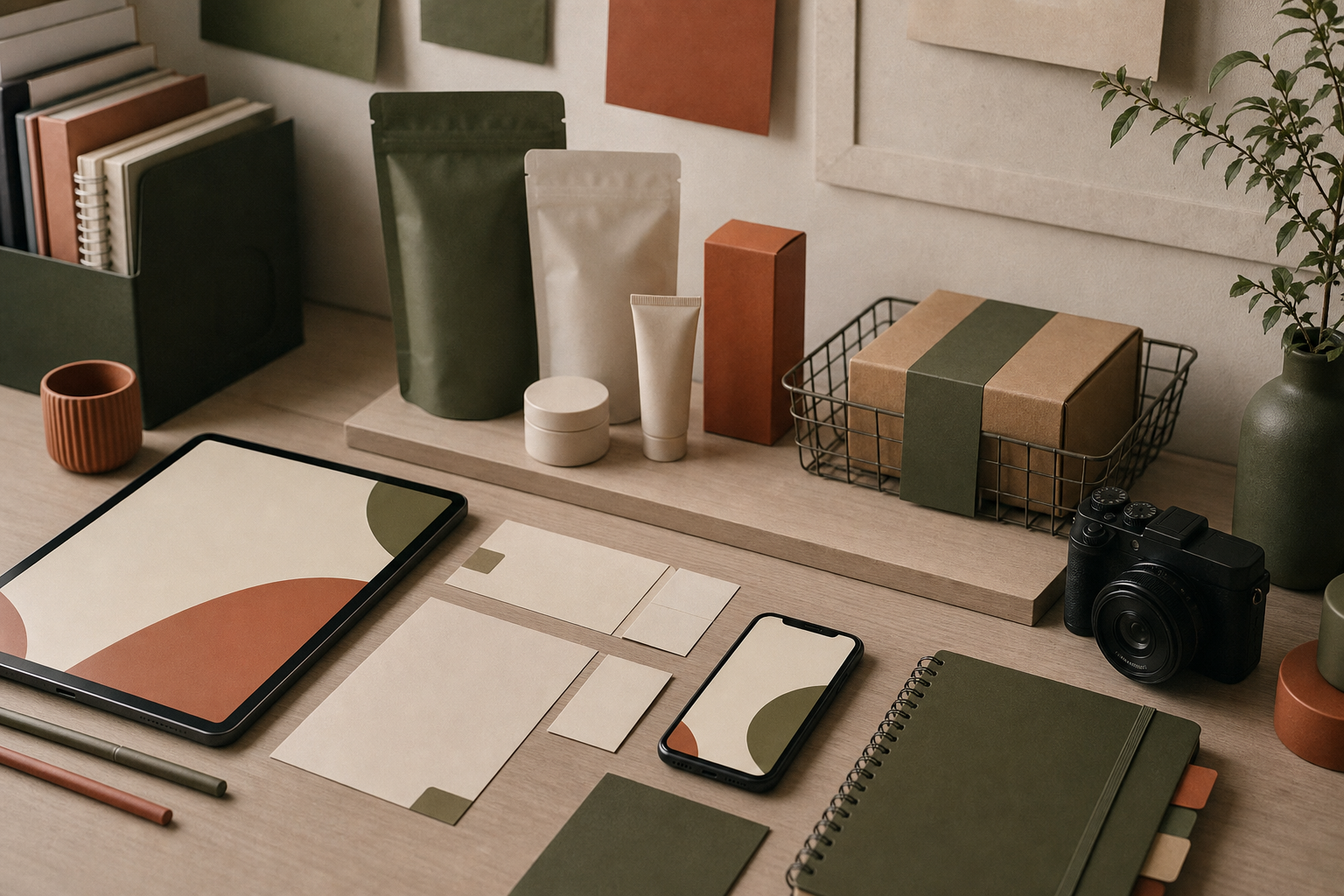 People-free editorial commerce studio with product samples, channel screens, and campaign materials