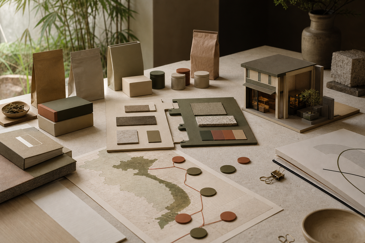 People-free editorial partnership table with Vietnam routes, brand samples, and a store model